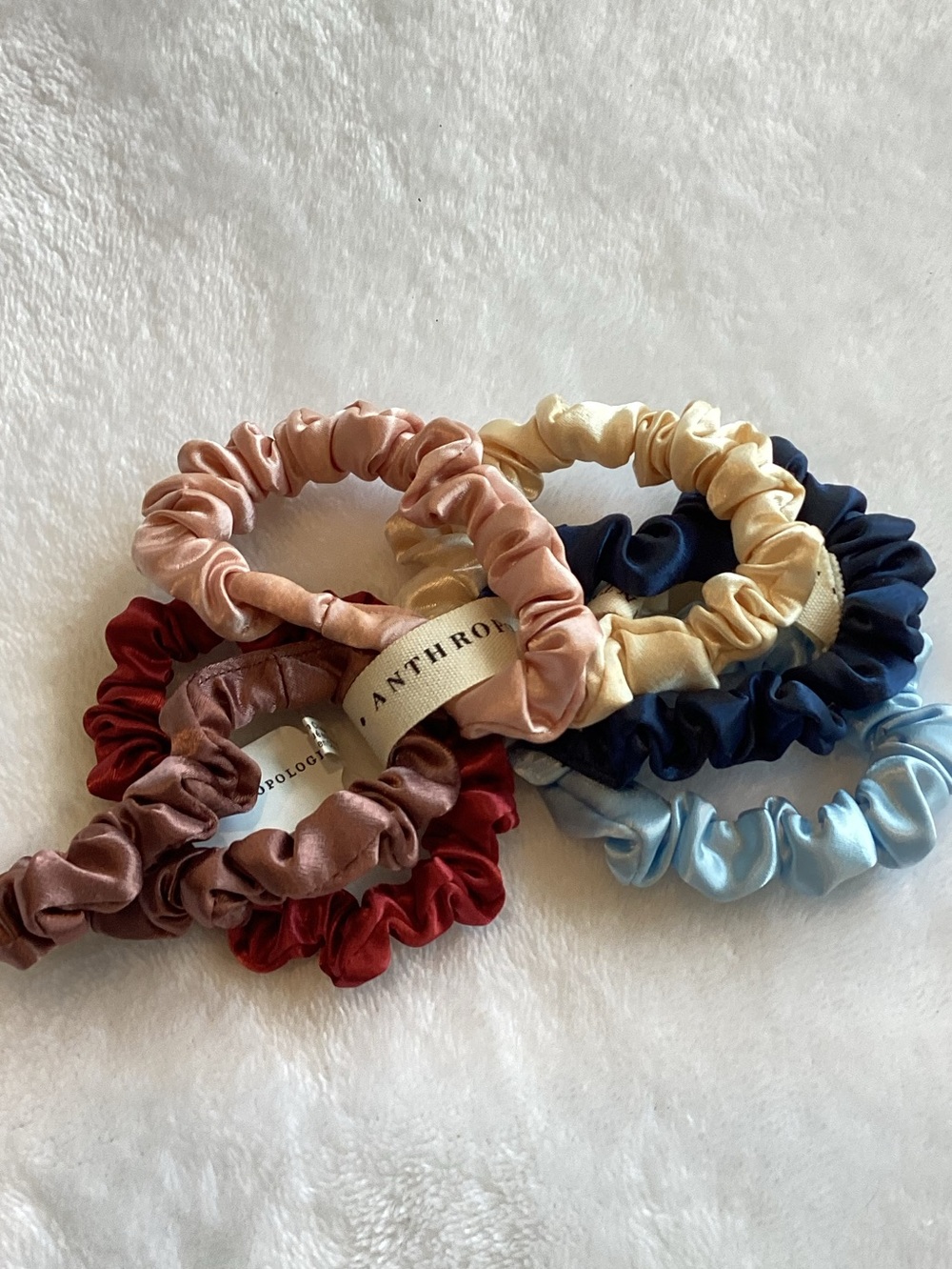Anthropologie Satin Hair Scrunchies New Set of 6 Ties Red Blue Ivory Pink Mauve